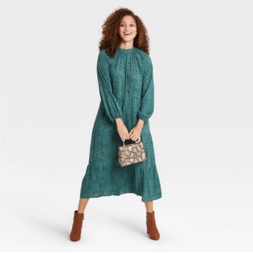 A New Day, Long sleeve tiered paisley green patterned dress size S